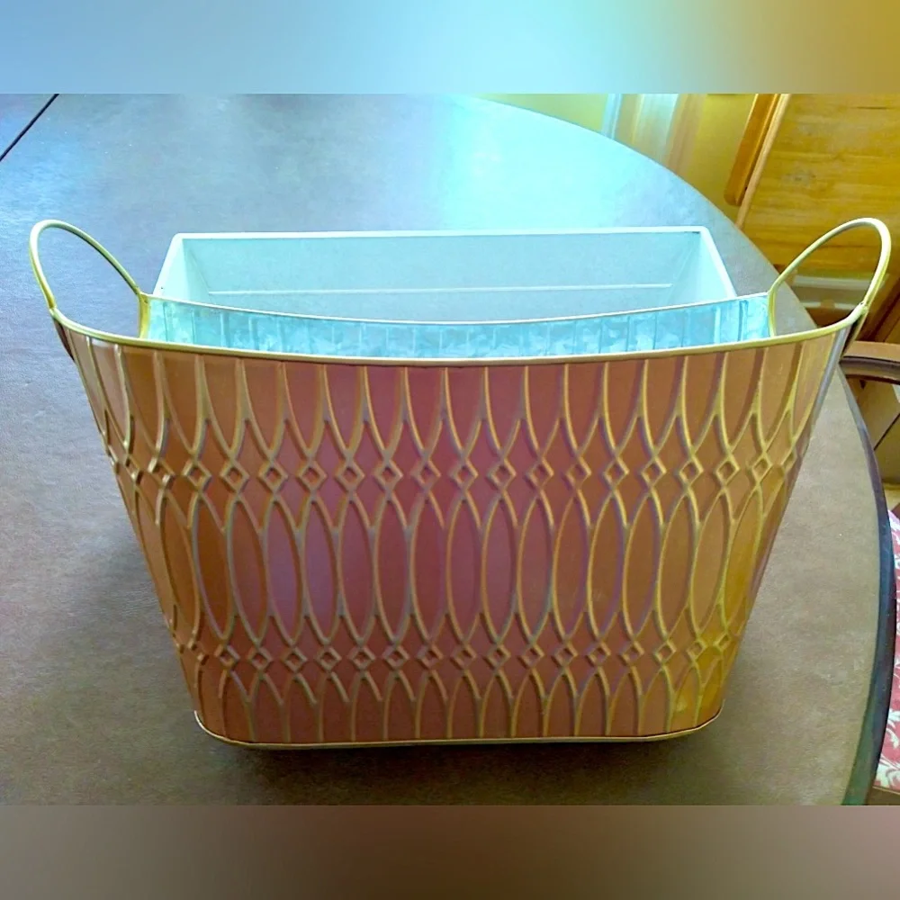Gold tin metal basket with handles 12x6x 9” deep